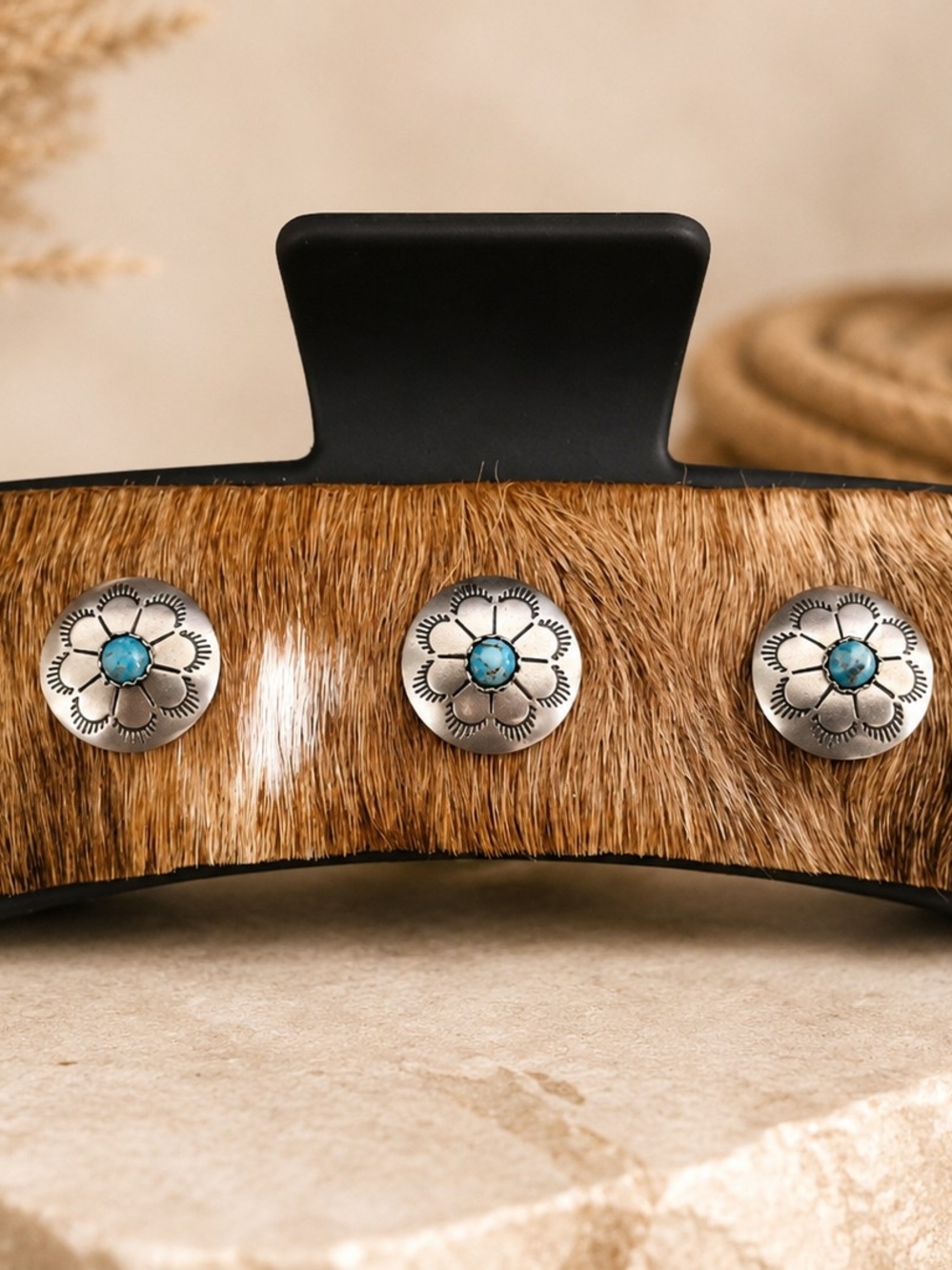 Rockin' 3 Leather Hair-On Hide, Claw Clip with Turquoise and Silver Conchos - Picture 3 of 3